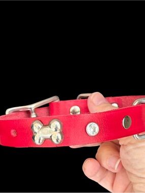 Hand Crafted NWOT Red Leather Dog Collar with Bone and Crystal Accents